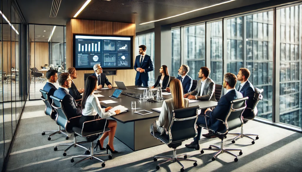 A modern corporate meeting room with a diverse group of professionals engaged in a structured and productive discussion. The participants are seated around a sleek conference table, actively listening and contributing ideas. The atmosphere is focused and collaborative, highlighting best practices for conducting productive meetings.
