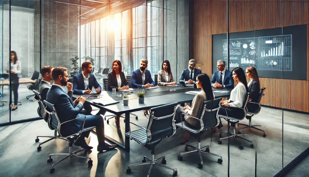 "A modern corporate meeting room with a diverse group of professionals engaged in a dynamic and productive discussion. The participants are actively contributing ideas, demonstrating best practices for conducting productive meetings."