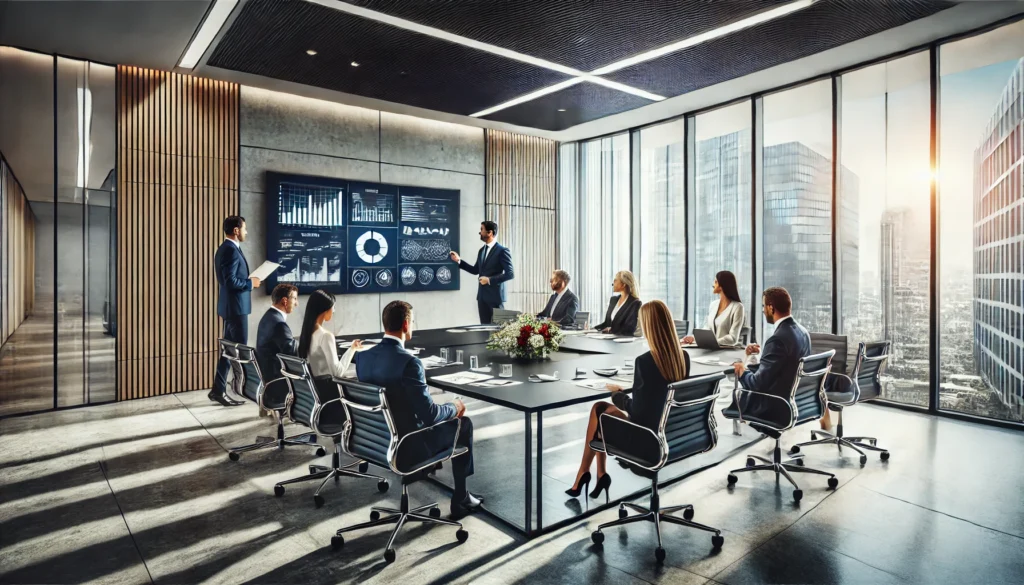 A modern corporate meeting room with a diverse group of professionals engaged in a structured and efficient business discussion. The setting includes a sleek conference table, large windows with natural light, and a digital screen displaying data charts. The environment reflects teamwork, organization, and best practices for conducting productive meetings.