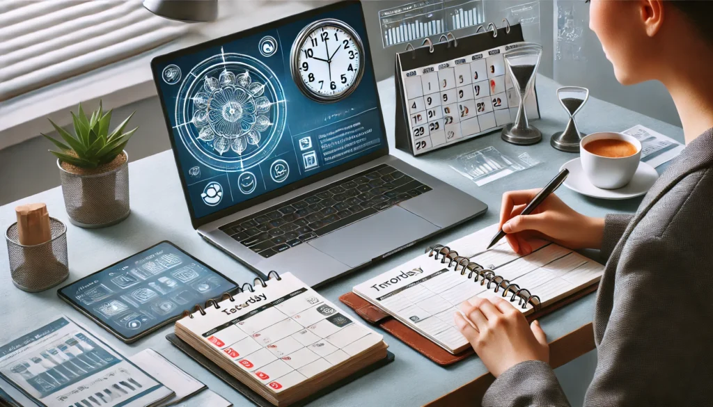 Featuring a clock, calendar, and task planner, illustrating structured time management.