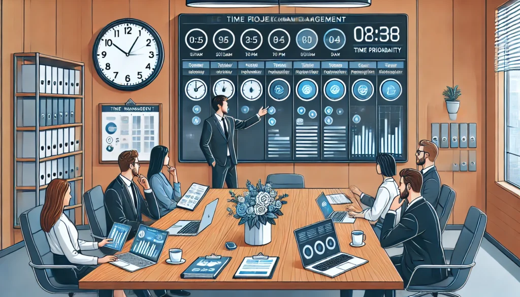 A modern office setting with a diverse team collaborating at a conference table, using a digital project management board displaying time blocks and task prioritization, illustrating effective time management strategies.