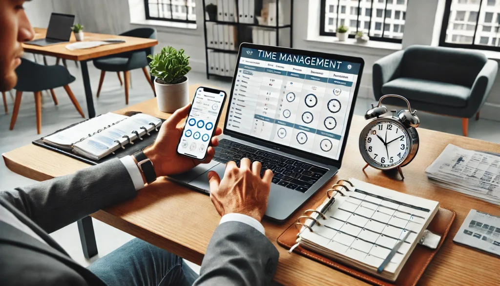 A professional using a digital time management tool on their laptop in a structured and well-organized workspace.