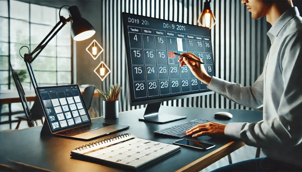 A professional using a digital calendar on a large monitor in a modern, organized workspace.
