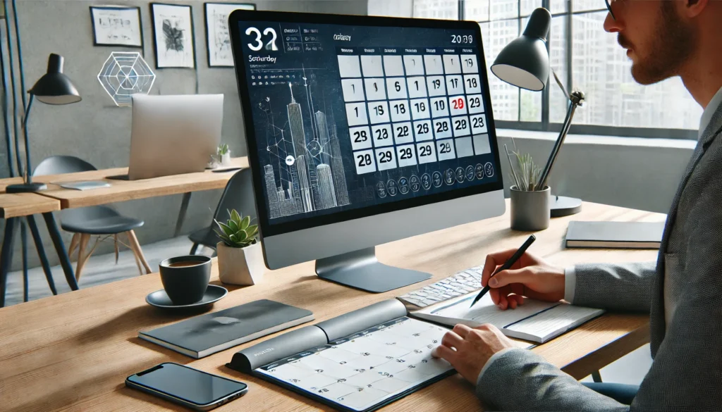 Showcasing an organized environment with a minimalist desk, coffee, and a notebook, emphasizing productivity.