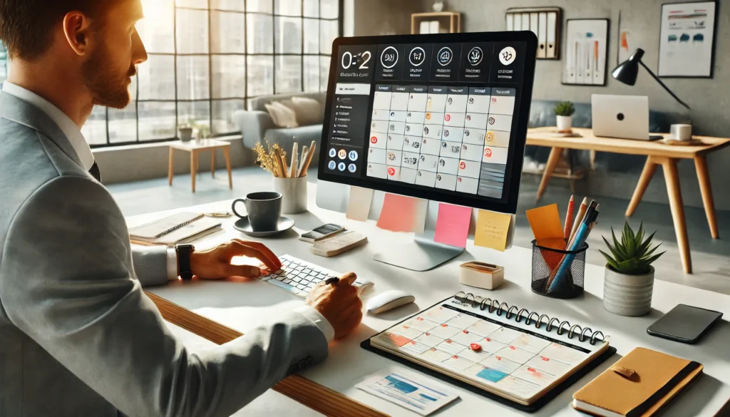 screen, surrounded by organized workspace essentials like a calendar, sticky notes, and a cup of coffee. The setting is bright and well-lit, emphasizing productivity and efficient time management strategies.