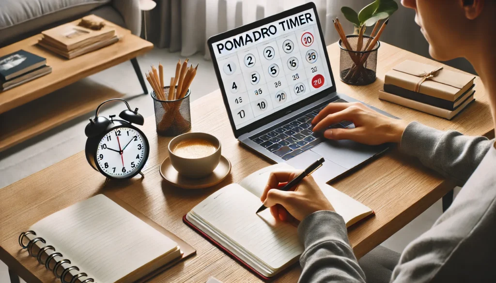 "A modern study space with a student using a Pomodoro timer on their laptop. The workspace includes a neat desk setup with a clock, a cup of coffee, and a notebook, emphasizing focus and effective time management strategies."