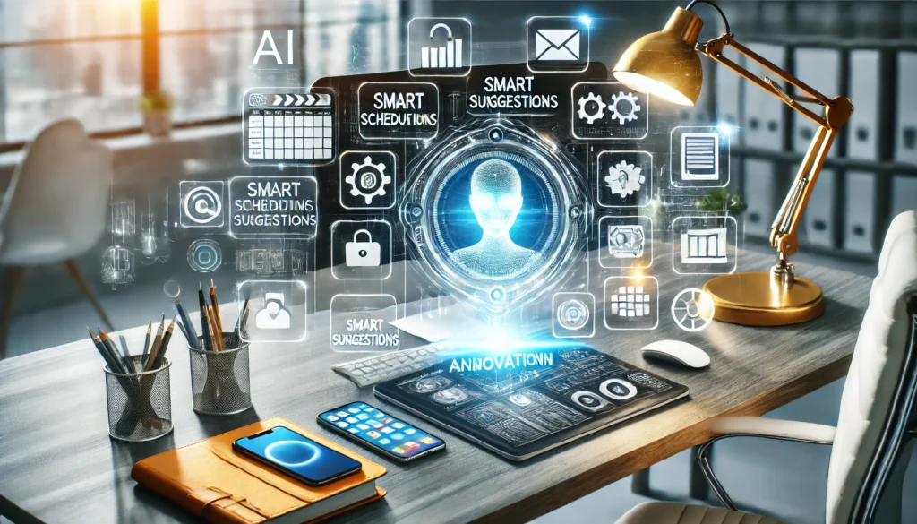 A well-organized workspace with a glowing digital interface showcasing AI-driven productivity features, including automated scheduling, smart suggestions, and seamless app integrations. The modern desk setup highlights innovation in productivity technology.
