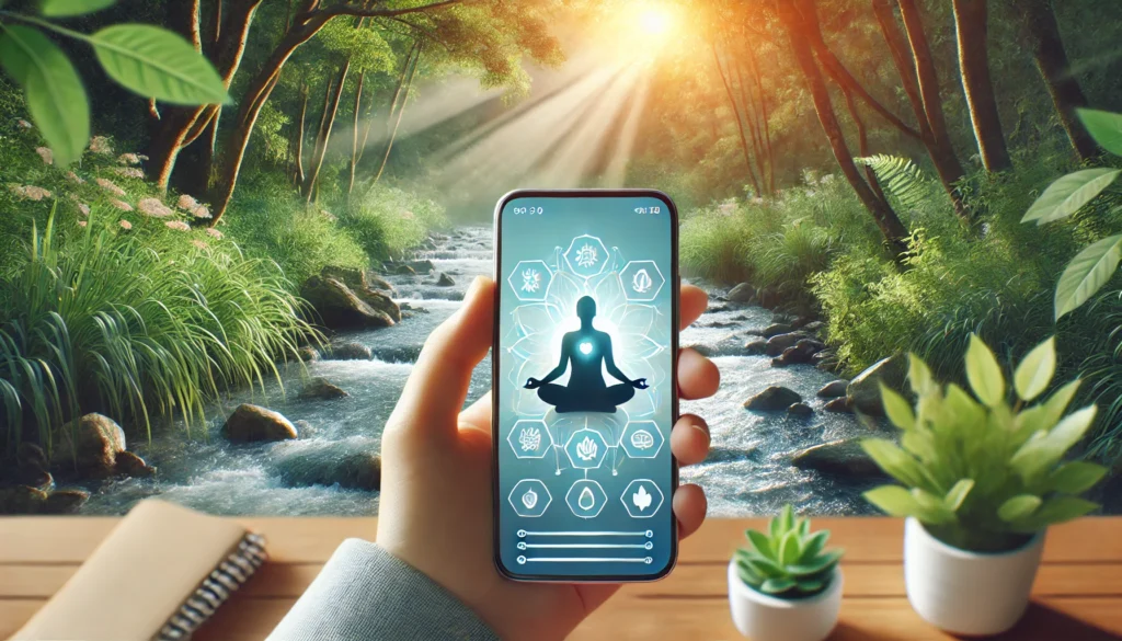 A smartphone displaying a breathing exercise and relaxation app in an outdoor wellness scene. The background features a person meditating in nature, surrounded by soft sunlight, trees, and a flowing river, symbolizing calmness and anxiety relief.