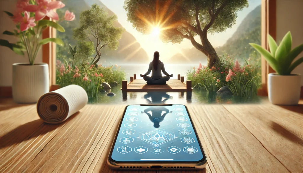 A smartphone displaying a mindfulness and meditation app in a peaceful natural setting. A person practices deep breathing, surrounded by soft sunlight, trees, and calm water, symbolizing relaxation and stress relief.