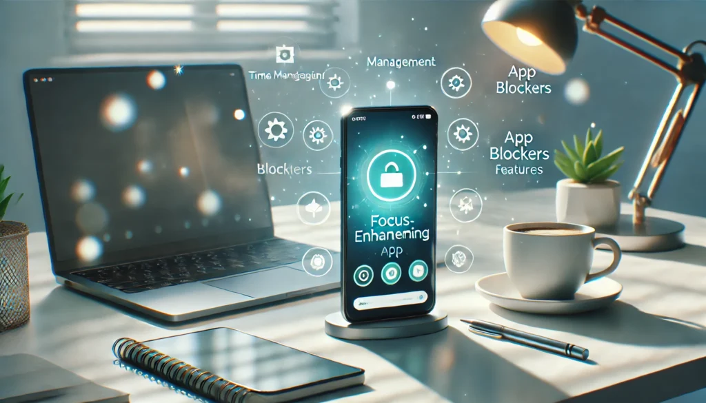 A modern workspace featuring an Android smartphone displaying a focus-enhancing app. The clean desk setup includes a laptop, a cup of coffee, and ambient lighting, with floating digital elements representing productivity tools like time management, app blockers, and mindfulness features.