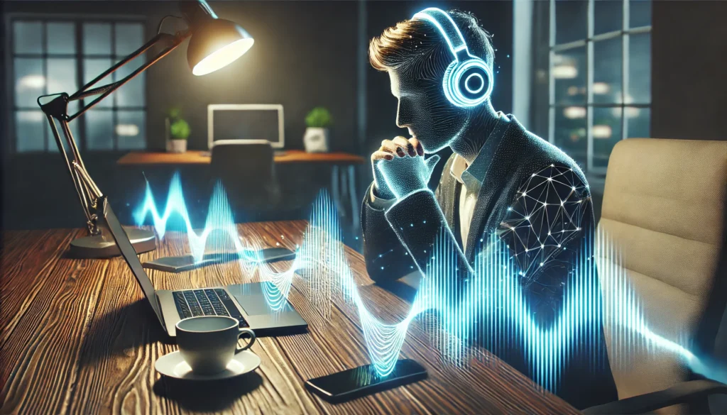 A modern workspace where a person wears headphones, deeply focused on work. Glowing sound waves flow around them, symbolizing the impact of music on concentration and efficiency. The sleek desk setup includes a laptop, a cup of coffee, and ambient lighting.
