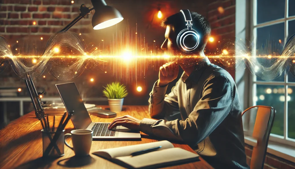 A modern workspace where a person wears headphones, deeply immersed in work. Glowing sound waves flow around them, symbolizing music enhancing focus and productivity. The sleek desk setup includes a laptop, a cup of coffee, and warm ambient lighting.