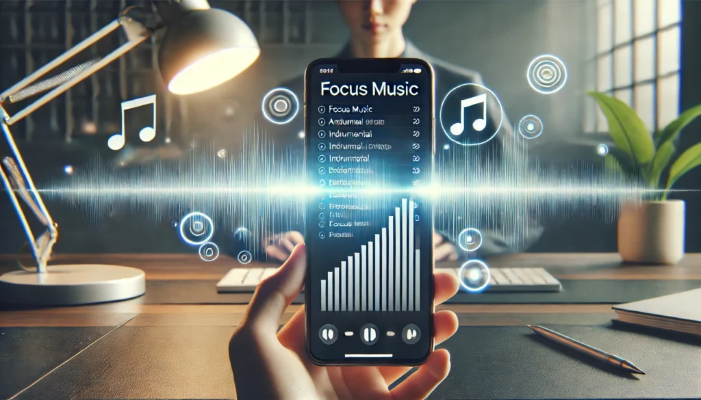 A sleek smartphone or tablet screen displaying a personalized focus music playlist with ambient and instrumental tracks. Glowing sound waves surround the device, while the background features a minimalist workspace with soft lighting, symbolizing concentration and productivity.