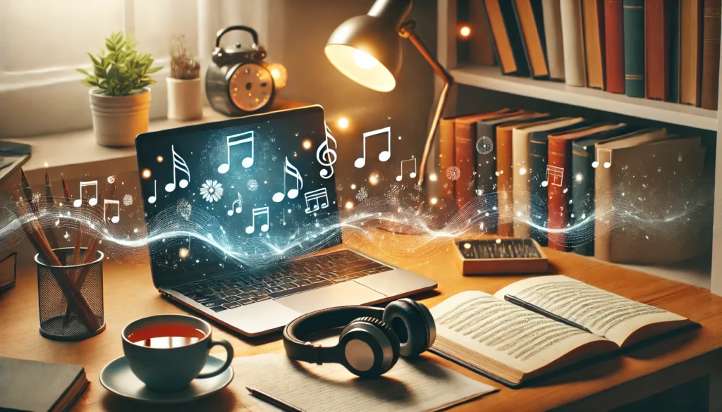 A serene study space featuring a laptop and headphones playing a calming study music playlist. Floating musical notes and sound waves symbolize soothing melodies. The setting includes warm lighting, a cup of tea, and neatly arranged books, creating a relaxed and focused atmosphere.
