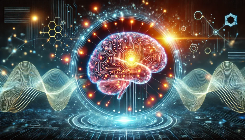 A futuristic digital brain glowing with neural connections, surrounded by vibrant energy waves symbolizing mental activity and cognitive enhancement. The brain appears to be unlocking, with bright pathways forming, representing improved memory and recall.