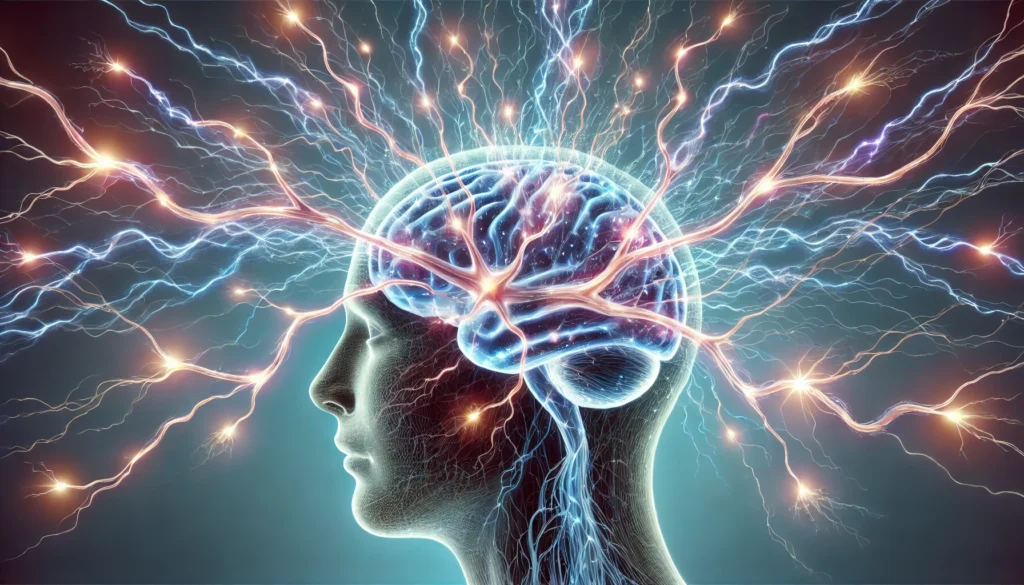 "A conceptual artistic image of a glowing human brain with dynamic neural connections forming like lightning, symbolizing brain rewiring exercises and cognitive enhancement through neuroplasticity."