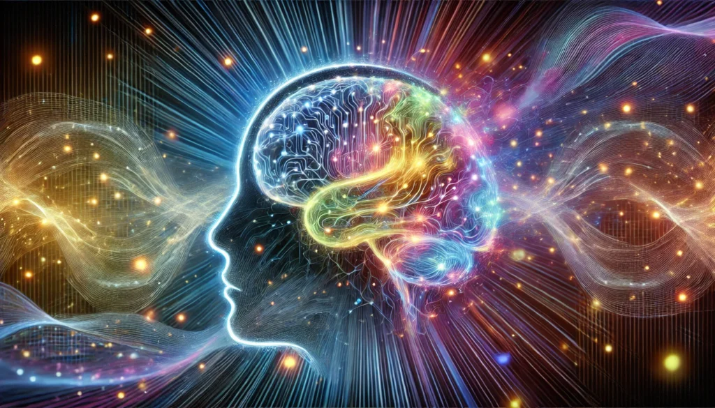 An artistic representation of brain plasticity, featuring a digital brain with expanding glowing neural connections and colorful energy waves symbolizing continuous learning and adaptability.