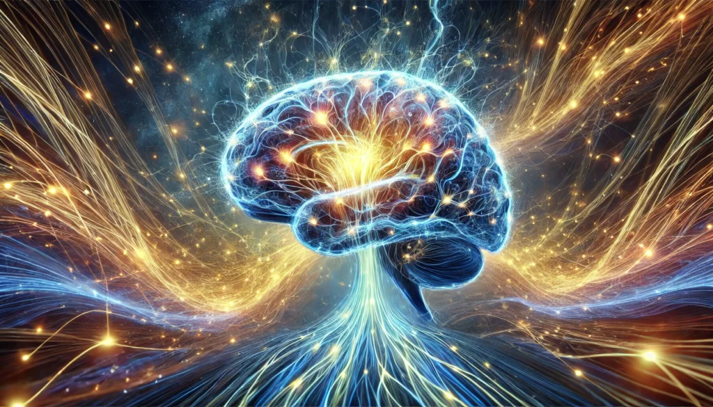 "A surreal visualization of a brain undergoing neuroplasticity, with glowing energy flows forming intricate neural connections. The cosmic-inspired background and luminous pathways symbolize cognitive recovery, memory recall, and brain adaptability."