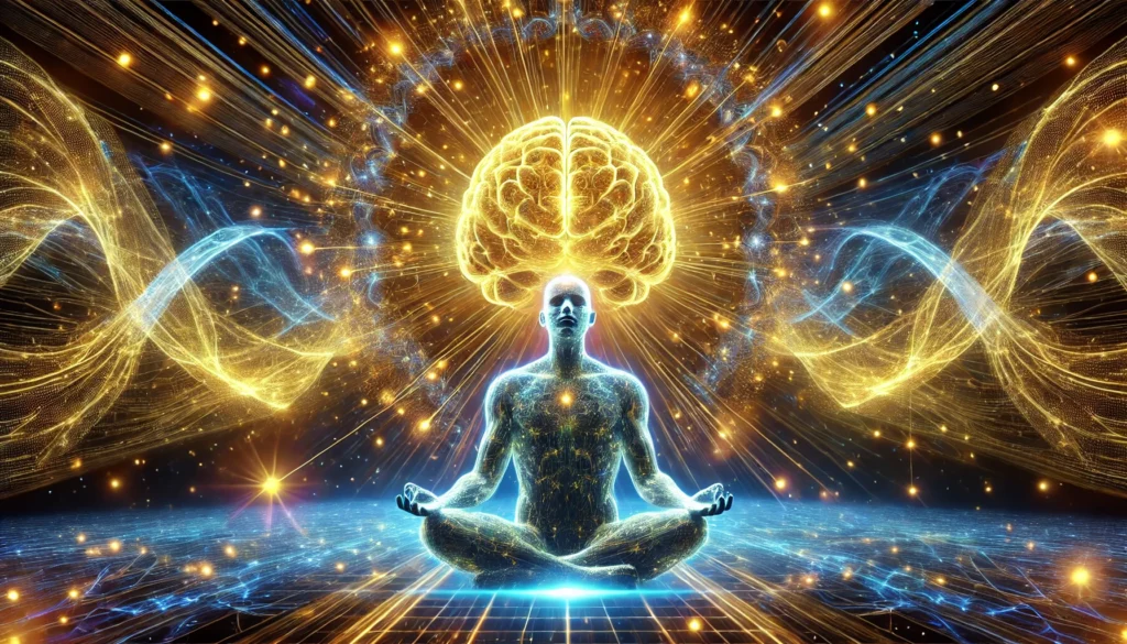 A futuristic representation of a meditating figure with an illuminated brain emitting radiant energy waves. The golden and blue energy patterns blend into a cosmic backdrop filled with neural pathways, symbolizing mindfulness and cognitive strengthening.