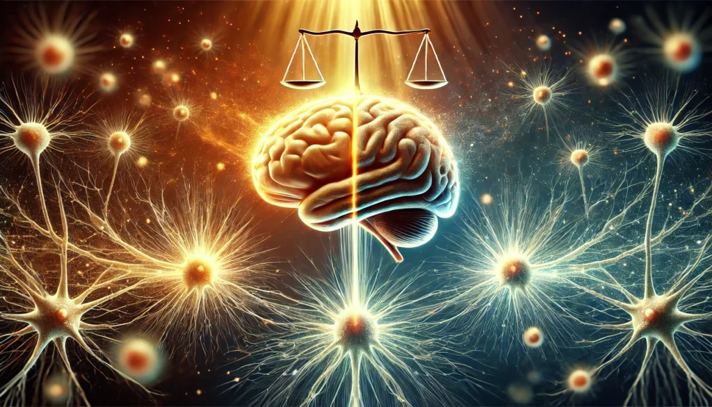 A conceptual image of brain recovery and regeneration, illustrating neurons repairing and reconnecting, symbolizing neural pathway strengthening. The balance of dimming neurons being revitalized with a radiant glow highlights cognitive healing and neurogenesis.