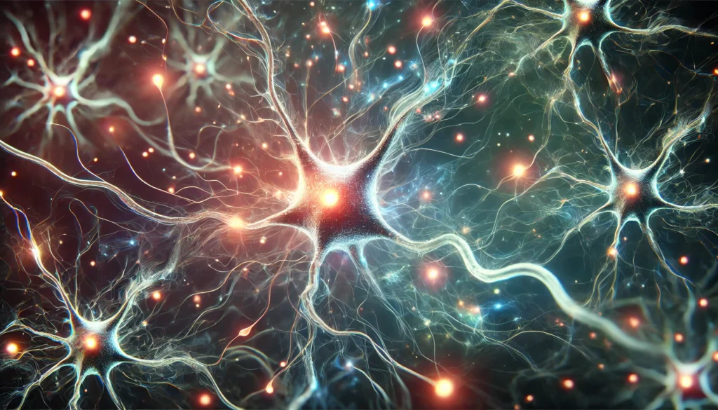"Abstract representation of synapse plasticity, depicting neurons with vibrant, glowing synapses becoming stronger, symbolizing the process of synaptic strength and neural network adaptation."