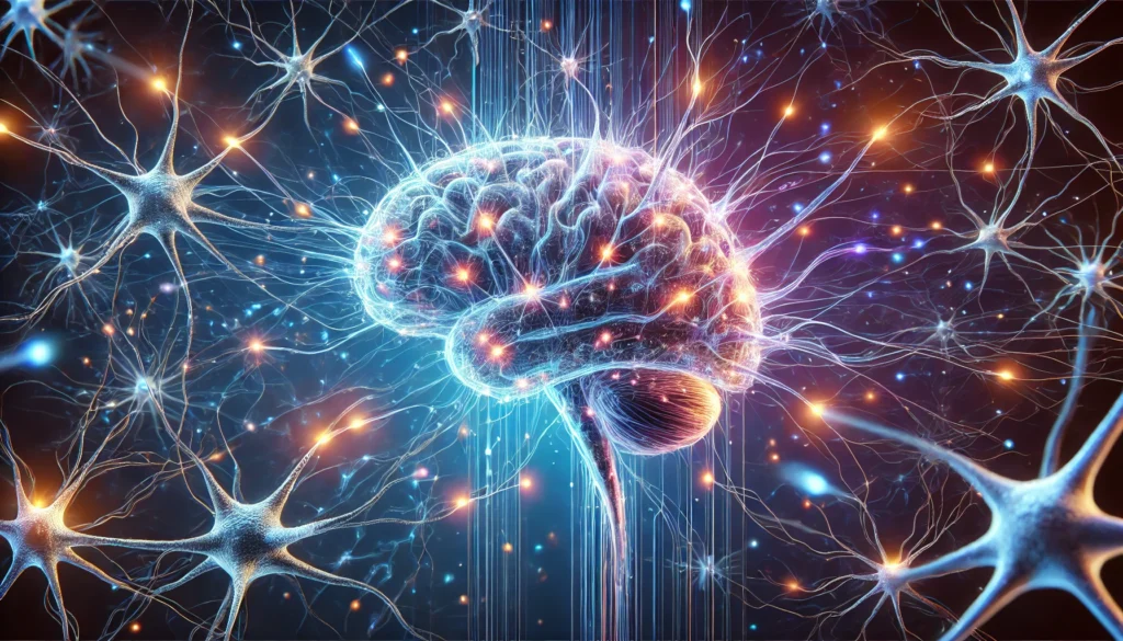 A highly detailed digital illustration of neural connections forming in the brain, showcasing synapses, neurons, and dendrites connecting with glowing electrical impulses. The deep blue and purple background symbolizes cognitive activity and brain health.