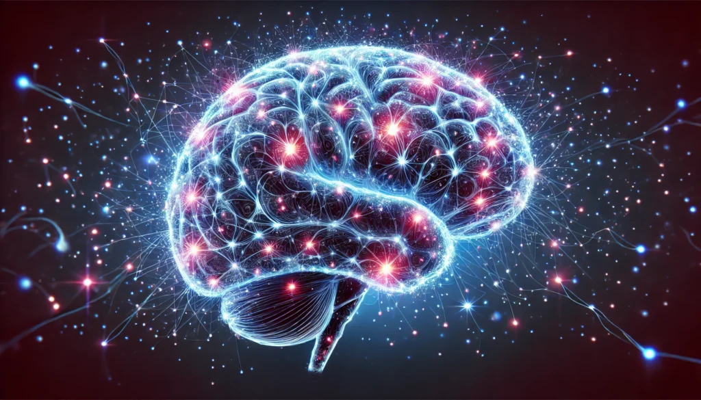 A highly detailed, artistic rendering of a human brain with billions of glowing neural connections, symbolizing the vast number of neurons. The futuristic and scientific aesthetic, with deep blue and purple hues, represents brain activity and intelligence.