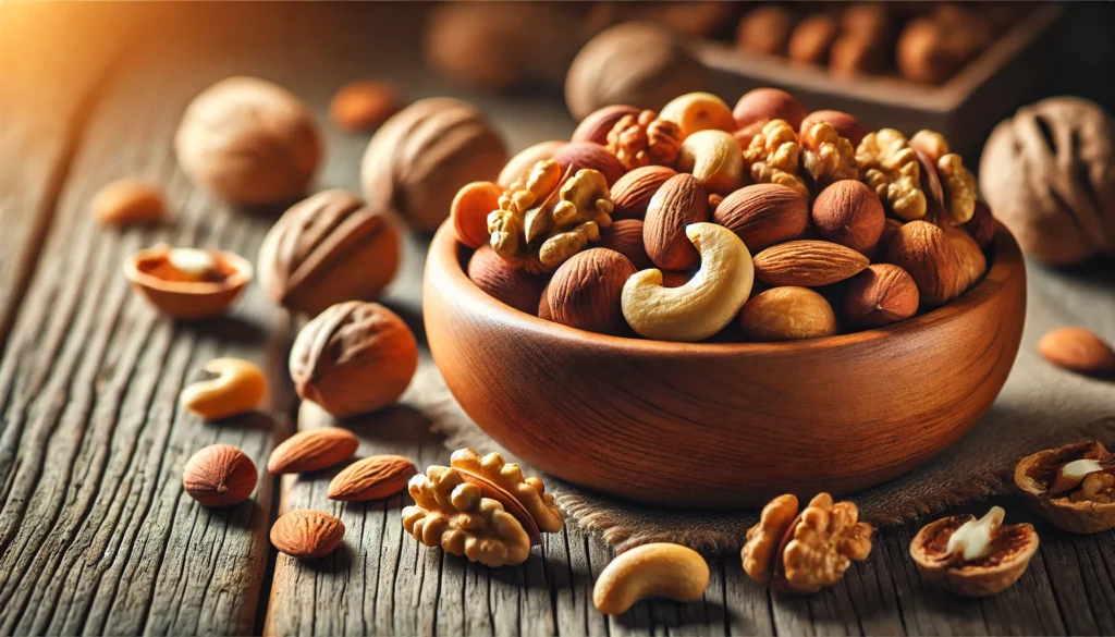 A close-up of a wooden bowl filled with mixed nuts, including walnuts, almonds, and cashews, sitting on a rustic wooden surface. The nuts are fresh and textured, with a few scattered around, creating a warm and natural setting.