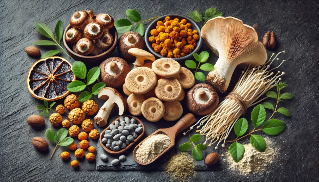 A dark slate background featuring fresh and dried lion’s mane mushrooms, cordyceps, Rhodiola rosea roots, Bacopa monnieri leaves, and powdered maca root, emphasizing their cognitive-enhancing properties.