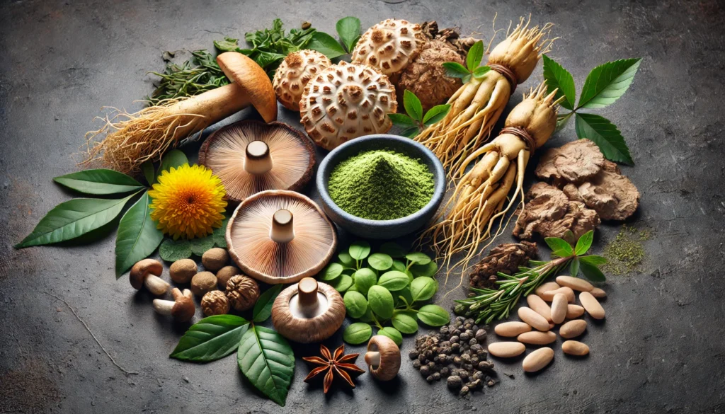 A dark stone background displaying a selection of natural cognitive enhancers, including ginseng roots, lion’s mane mushrooms, Rhodiola rosea flowers, Bacopa monnieri leaves, and a small bowl of matcha green tea powder.