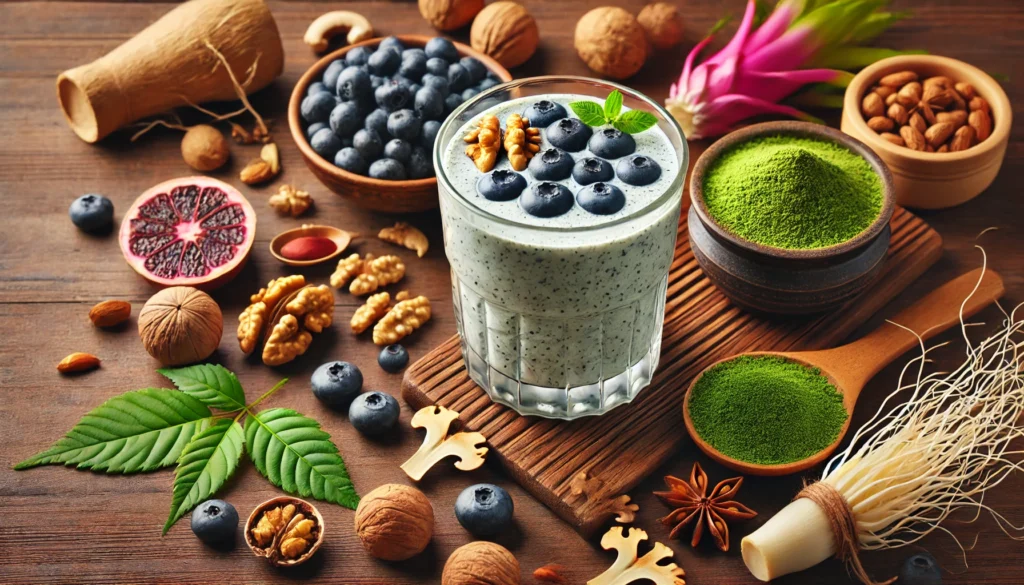 A nutrient-rich nootropic smoothie made with blueberries, matcha green tea, walnuts, and coconut milk, placed on a wooden surface with scattered adaptogenic herbs like ginseng, Rhodiola rosea, and lion’s mane mushrooms.