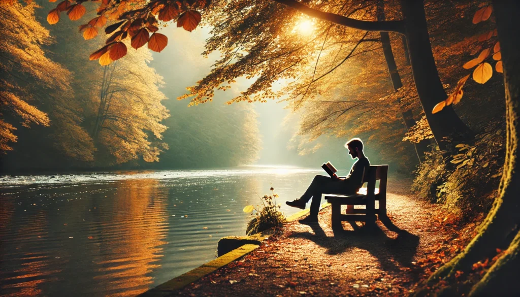A quiet riverside scene with a person sitting on a wooden bench, deeply engrossed in a book, surrounded by autumn foliage, emphasizing relaxation and mental escape.