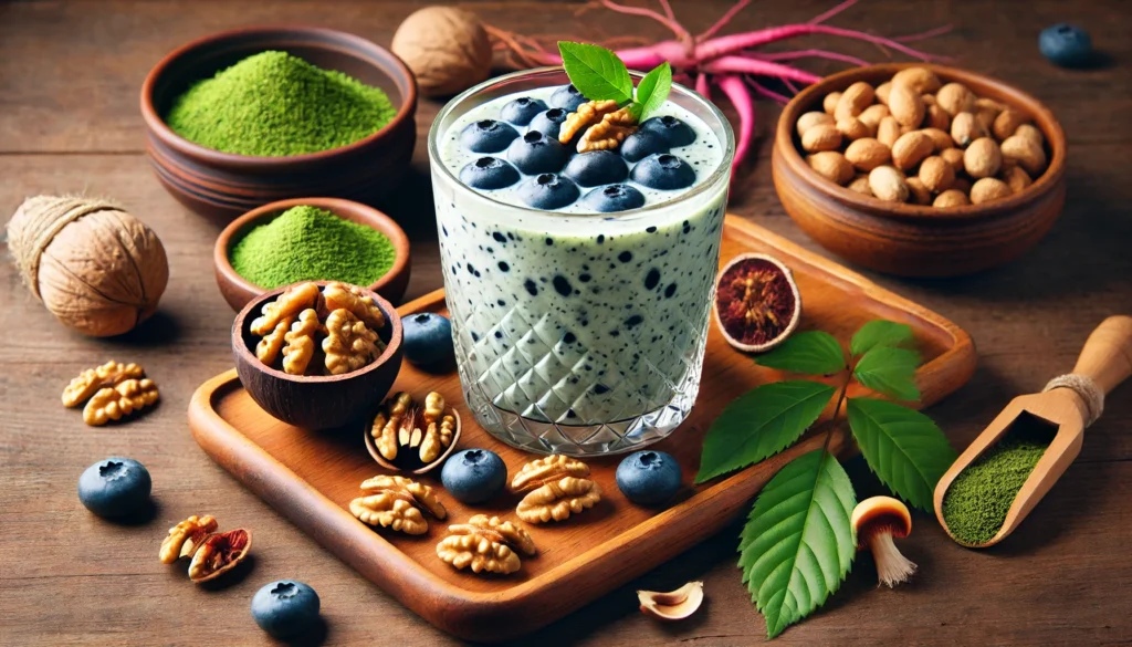 A brain-boosting smoothie made with blueberries, walnuts, matcha green tea, and coconut milk, set on a wooden table with scattered adaptogenic herbs like ginseng, Rhodiola rosea, and lion’s mane mushrooms.