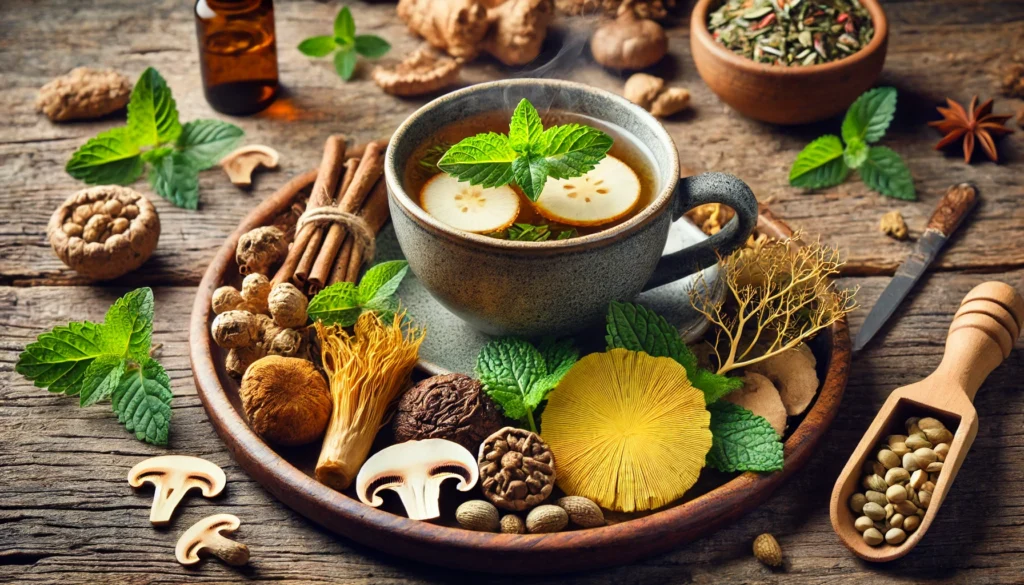 A rustic wooden tray with a steaming cup of nootropic tea infused with ginkgo biloba leaves, ginseng root slices, and fresh mint, surrounded by Rhodiola rosea, lion’s mane mushrooms, and Bacopa monnieri.