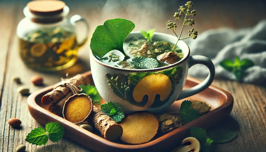 A warm, steaming cup of nootropic tea infused with ginkgo biloba leaves, ginseng root slices, and mint, set against a softly blurred wooden tray with additional brain-boosting herbs like Bacopa monnieri and Rhodiola rosea.