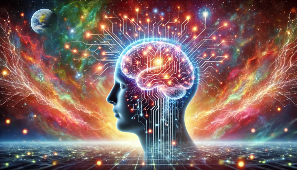 A surreal depiction of a human brain with neural connections represented as glowing electric circuits, set against a cosmic space background filled with vibrant energy waves, symbolizing limitless cognitive expansion and intelligence.