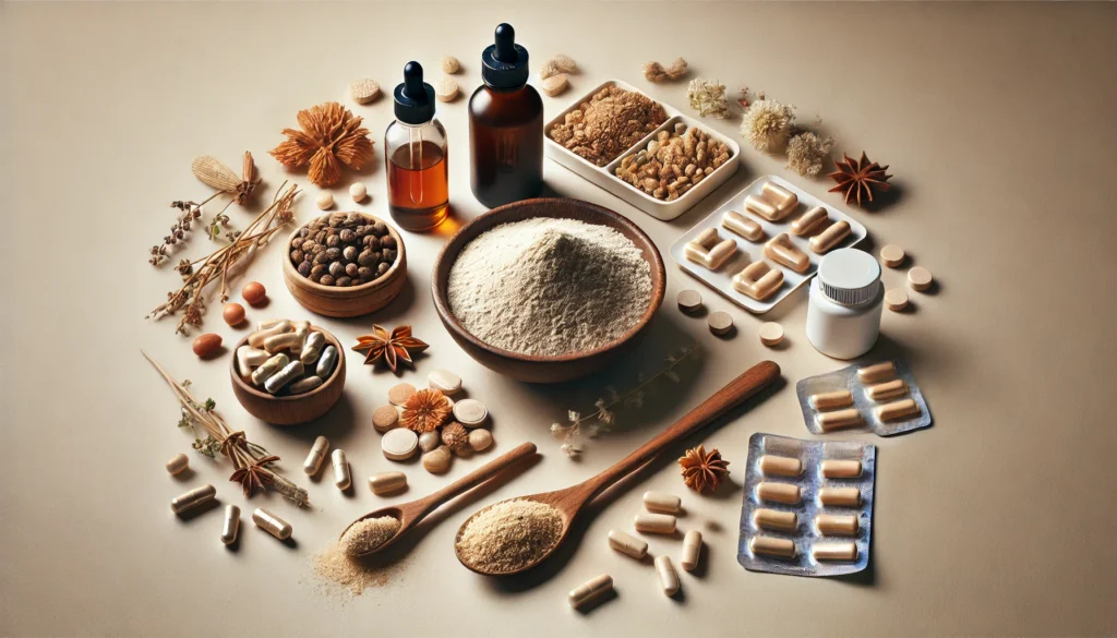 A neutral-toned background showcasing nootropic supplements in powder, capsule, and liquid forms, featuring a wooden spoon with powdered adaptogens, a glass dropper bottle with a herbal extract, and a bowl of unbranded capsules.