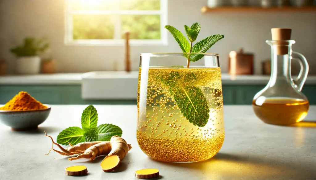 A golden energy tonic in a glass, infused with ginseng slices, fresh mint, and turmeric, set in a bright kitchen environment to promote mental clarity and vitality.