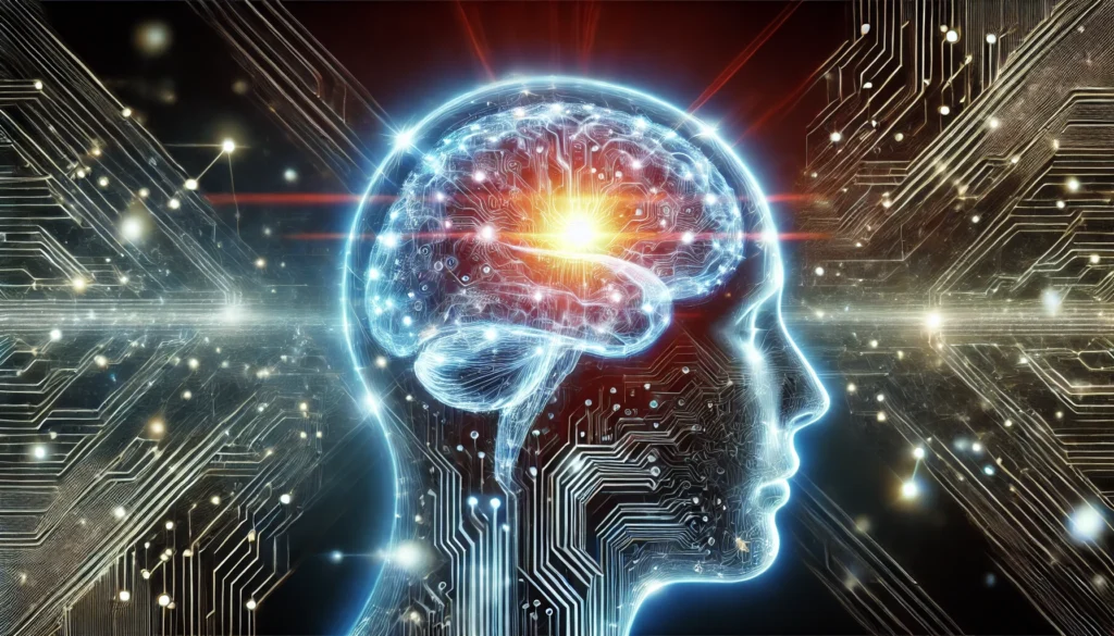 A visually striking image of a glowing brain integrated with a futuristic AI network, symbolizing the fusion of human intelligence and advanced neural technology, featuring a cybernetic design with energy pulses flowing through the connections.