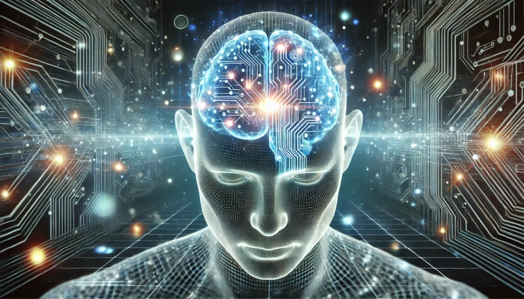 A futuristic representation of artificial intelligence and human cognition, featuring a digital brain integrated with glowing circuits and data streams. The image conveys the intersection of thought processing, neural activity, and technological advancements in brain science.