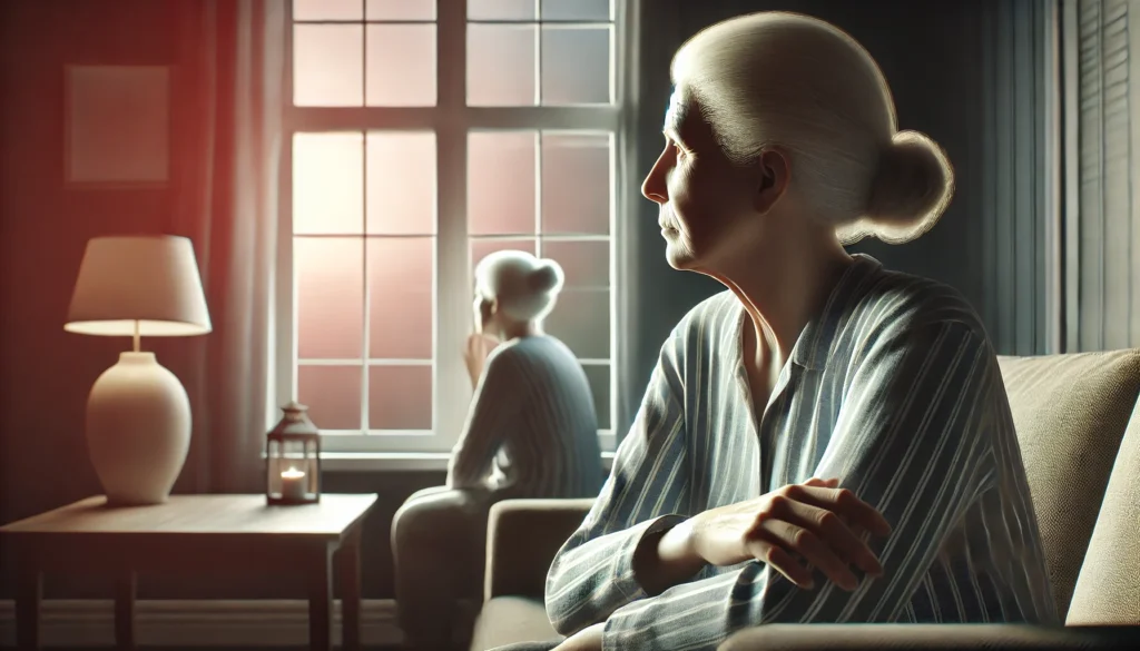 An elderly person sitting alone at home, gazing out the window with a distant expression, symbolizing loneliness and cognitive decline in aging.