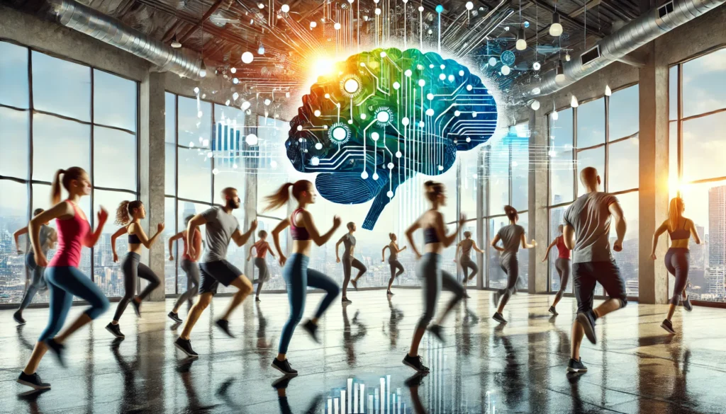 A group of people engaging in a lively aerobic workout session in a spacious gym with large windows. The energetic movement and bright lighting symbolize improved cognitive function, focus, and mental clarity through exercise.