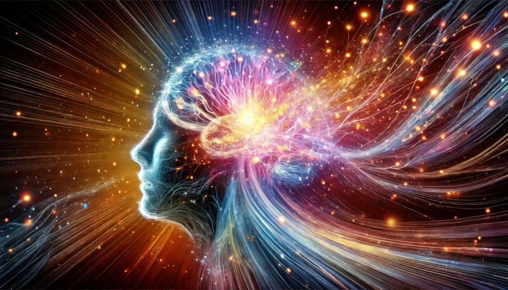 An abstract artistic representation of brain waves transforming into streams of light and energy, capturing the essence of unlocking human potential with an ethereal glow and vibrant colors symbolizing cognitive expansion and heightened awareness.