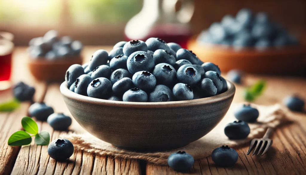 A close-up of a bowl filled with plump, fresh blueberries on a rustic wooden table. The berries have a natural sheen, with some scattered around for an organic presentation, emphasizing their rich antioxidant properties.