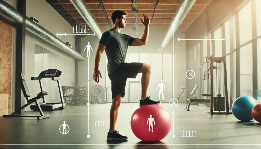 A man in a modern gym practicing a balance and coordination exercise, standing on one leg while focusing on a stability ball to improve concentration and attention.