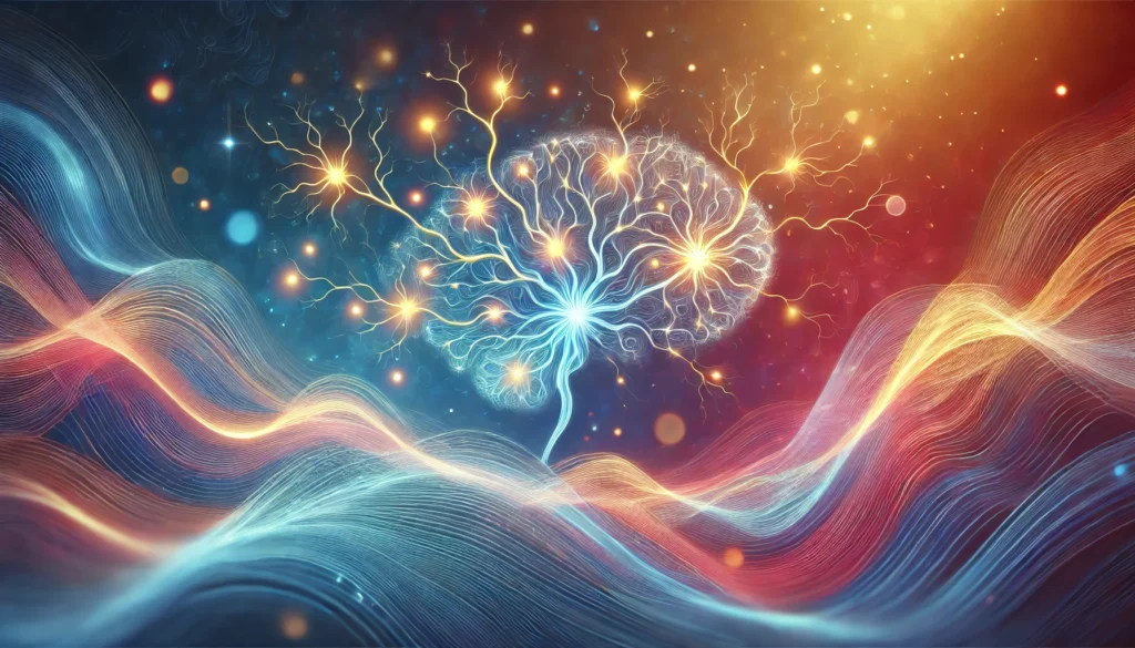 Interconnected glowing neurons forming a complex network with soft colorful waves, illustrating improved information retention, better memory, and cognitive development through strengthened neural pathways.