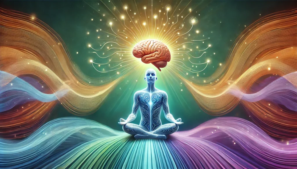 Person meditating with a glowing brain and illuminated neural pathways extending outward, surrounded by colorful waves, symbolizing enhanced cognitive processing, memory improvement, and better recall through mindful study practices.