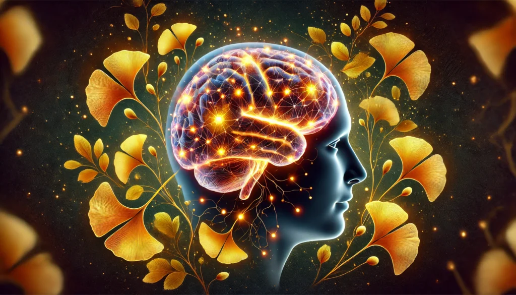 A scientific visualization of a human brain with glowing neural connections surrounded by golden ginkgo biloba leaves, symbolizing the plant’s neuroprotective effects against Alzheimer’s disease