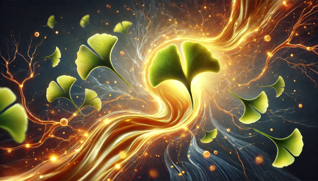 A conceptual image of a golden light stream symbolizing enhanced cerebral blood circulation with floating ginkgo biloba leaves, representing the plant’s role in cognitive function and Alzheimer's prevention