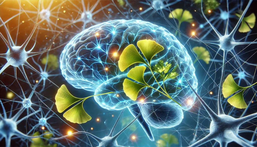 A futuristic medical visualization of neurons in the brain, highlighted in electric blue and gold tones, interwoven with delicate ginkgo biloba leaves, symbolizing the plant’s potential role in Alzheimer’s treatment